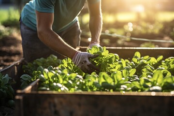 A man collects fresh vegetables on a farm. Harvesting. Farming concept