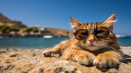 Closeup portrait of funny adorable cat wearing sunglasses isolated on light cyan. Cute funny kitten wearing sunglasses and posing in front of the camera. Relaxed domestic cat at home, indoor.
