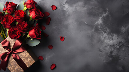 Flat lay composition with beautiful red roses and gift boxes on grey background. Valentine's Day celebration