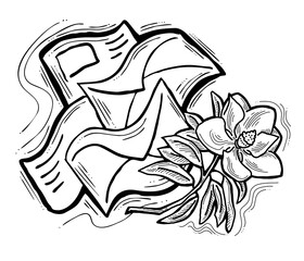 Romantic letter, flowers and mail envelop. Decorative elements for discount poster, sale banner, birthday cart, wedding party invitation. Hand drawn illustration, retro style drawing.