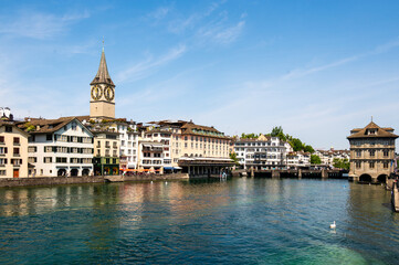 Aerial sunset panorama on the downtown of Zurich, Switzerland