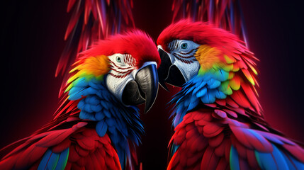 Fototapeta premium Illustration polygonal drawing of blue wing macaw bird with tropical leaf. Ara parrot. Macaw. Photo realistic