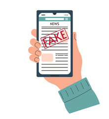 Spreading fake news. False information concept. Hand holding smartphone with internet news media. Reading news on mobile phone display. Cellphone in human hand. World or financial news. Flat vector