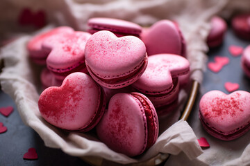 Delicate Romance: Pink Macarons and Rose Petals. Valentine's Day sweets. Pink macaroons heart shaped - obrazy, fototapety, plakaty