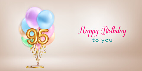 Festive birthday illustration in pastel colors with a bunch of helium balloons, golden foil balloons in the shape of the number 95 and lettering Happy Birthday to you on beige background