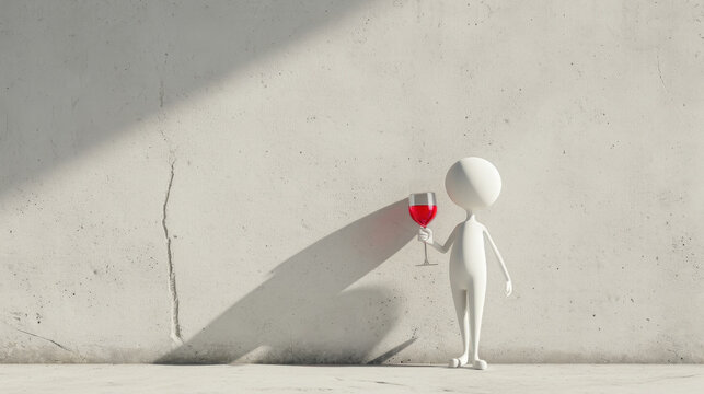 Vino Reverie: White Stick Figure Sips Elegance Against Concrete Backdrop. Generative AI