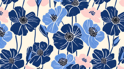 Seamless pattern with blue anemone flowers. Vector illustration.