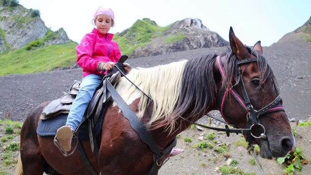 Happy girl sits on horse among mountains at summer day