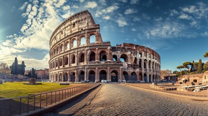 majestic roman coliseum with a beautiful blue sky - obrazy, fototapety, plakaty