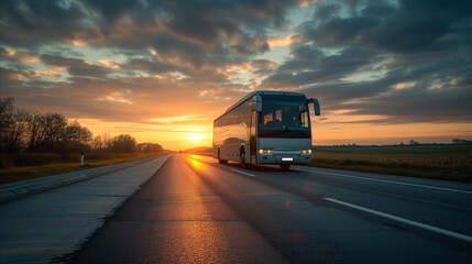 Tourist coach bus on highway at sunrise with beautiful sky