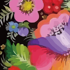 Watercolors and various flowers, butterflies, strawberries, insects are beautiful