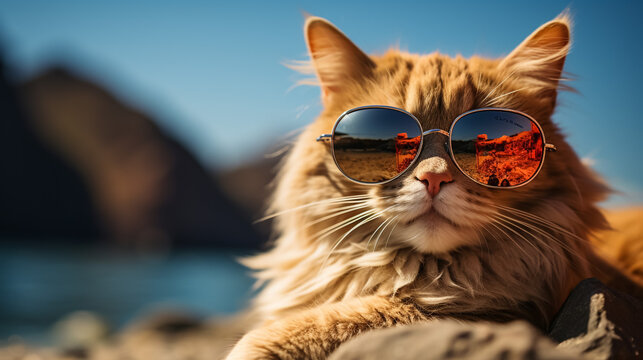 Portrait of cat wearing sunglasses lying on the beach