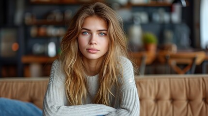 Contemplative young woman sitting on sofa in cozy cafe environment
