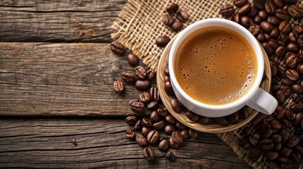 Background image highlighting a cup of coffee ready to be enjoyed, complemented by coffee beans.





