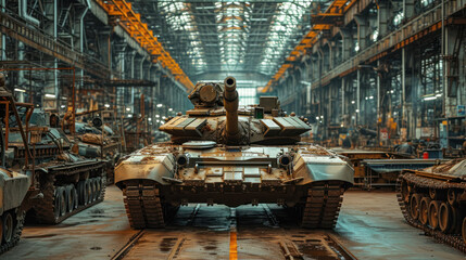 A formidable tank stands ready within the vast confines of an industrial warehouse - obrazy, fototapety, plakaty