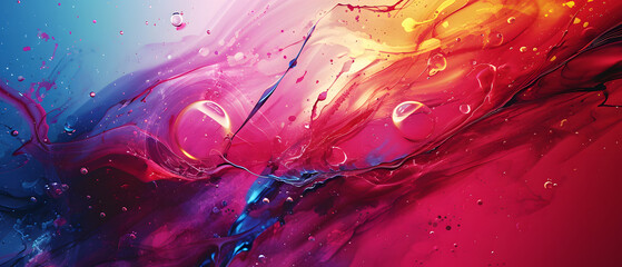 Vibrant hues dance and blend, as water and oil create a mesmerizing abstract painting full of fluidity and splashes of color - obrazy, fototapety, plakaty