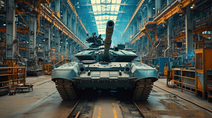 A formidable tank stands ready within the vast confines of an industrial warehouse - obrazy, fototapety, plakaty