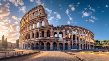 majestic roman coliseum with a beautiful blue sky with white clouds in a sunset