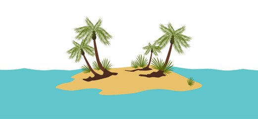 Fototapeta na wymiar Tropical island with palm trees. Paradise coast surrounded by sea for exotic holidays and vacations with yellow vector sand