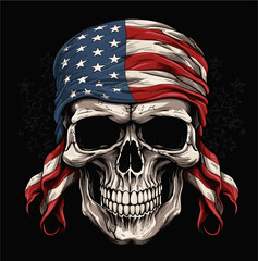 Vector drawing for a t-shirt. 
Skull with an american flag 
tied in a bandana on the head on a black background. 
Fashionable print for fabric, paper, men clothing. - obrazy, fototapety, plakaty