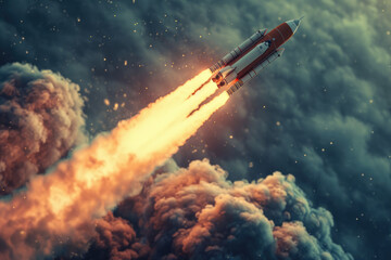 rocket launch, the rocket emits smoke and fire, flies into the sky with clouds Ai generative