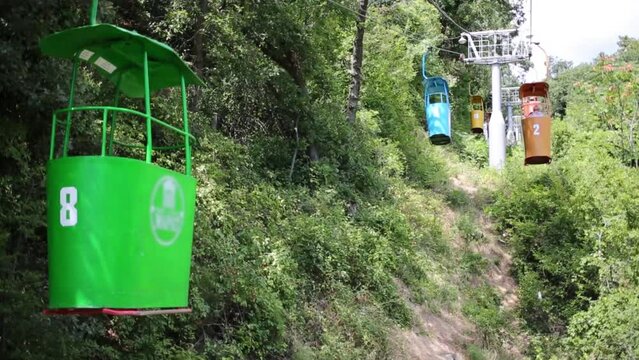 Colored funicular open wagons move through green trees at summer