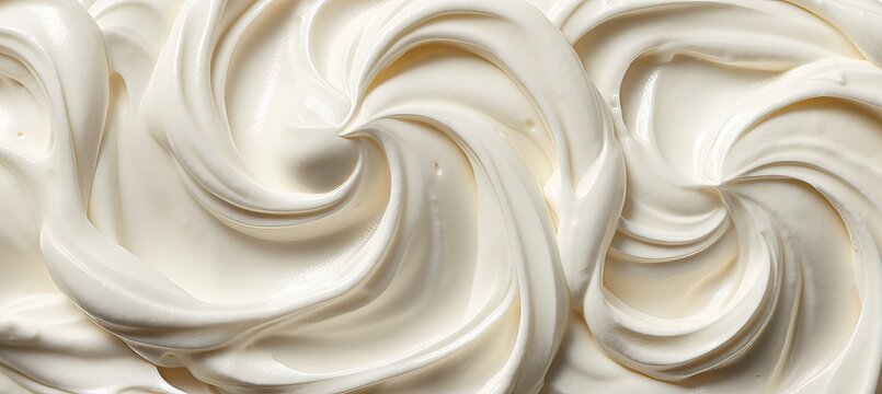 Close up of creamy vanilla yogurt, silky texture, top view on clean white background.