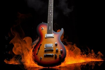 Electric guitar on fire. Generative AI - obrazy, fototapety, plakaty