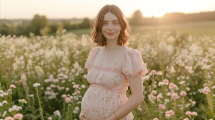 Fototapeta na wymiar Pregnant woman smiling in flower field at sunset