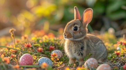 Fototapeta na wymiar Easter bunny surrounded by colorful eggs in nature at sunset