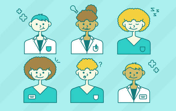 Image of 6 characters of medical works on a blue background. Vector illustration on a medical theme. Drawing in flat style.