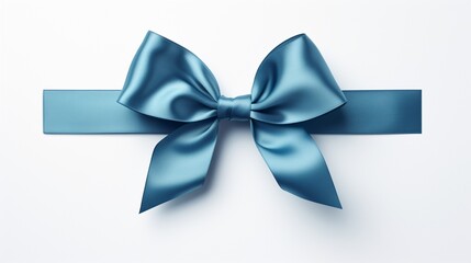 A close-up of a luxurious blue ribbon with a perfectly tied bow, set against a pure white background, highlighting the ribbon's silky texture, blue bow isolated on white background