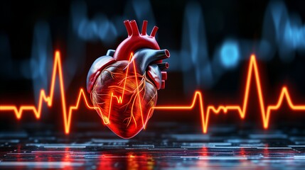 Digital human heart representation with ekg pulse wave on dark background - obrazy, fototapety, plakaty