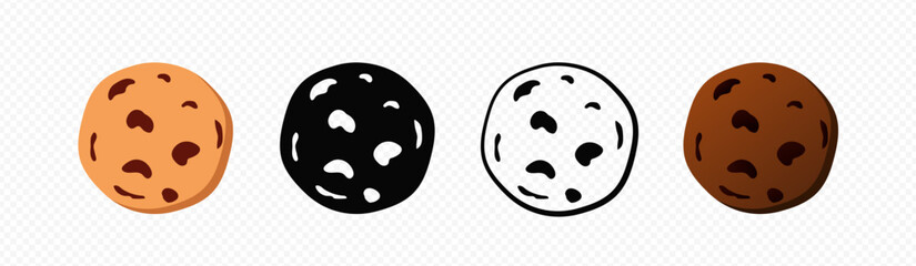 Round cookies with chocolate drops set. Crispy snack baked goods in brown and light color with sweet vanilla flavor and appetizing vector design