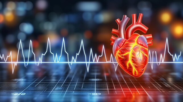 Glowing human heart illustration with ekg pulse graph