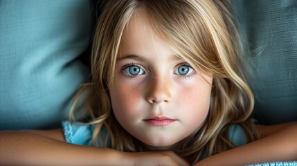 Close-up portrait of a young girl with big blue eyes resting on her arms