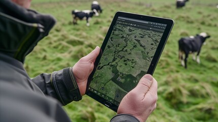 Farmer using digital tablet to check map in pasture with cows