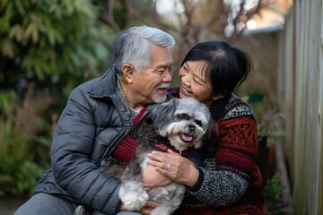 A loving senior couple shares a tender kiss while their loyal dog looks on, embodying the joy of companionship and the beauty of aging together