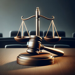 Icon of a judge's gavel and a scale on the wooden table in a courtroom - obrazy, fototapety, plakaty