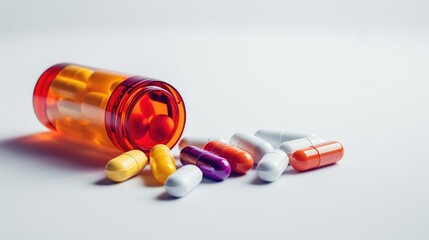Bottle and scattered pills on a colored background, Space for text
