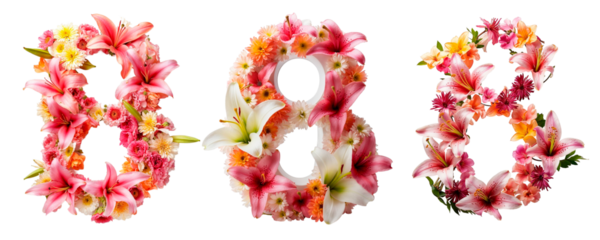 The number 8 is made of beautiful flowers isolated on a transparent background. The figure is 8 for the 8th of March. Women's Day. Clipart