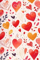 Abstract colorful seamless holiday pattern of hearts, flowers for valentine's day decorating on white background. Concept of wedding, love anniversary or Valentine's day celebtation