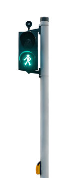Green light on pedestrian traffic light isolated on transparent backround