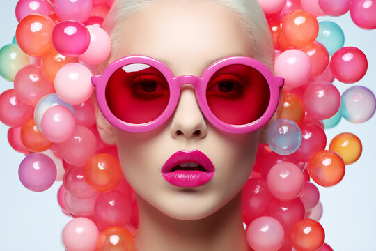 Pop Art Style Model with Bubblegum Balloons Hairstyle