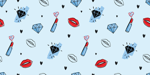 Seamless vector pattern with lipstick, lips and diamonds. Beauty ornament for textle, wrapping paper.