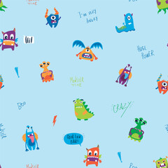 Seamless pattern with monsters vector illustration, vector textile fabric print, wrapping paper