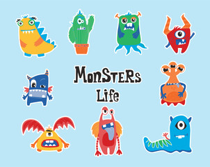 Set of monster characters. Monster life.