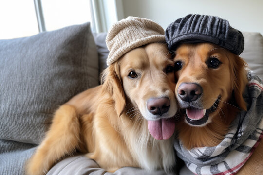 Photography with two beautiful purebred dogs wrapped up in warm hats and scarf together. Cute dogs sit on the sofa background at home. Two dogs in hats hugs each other with copy space.
