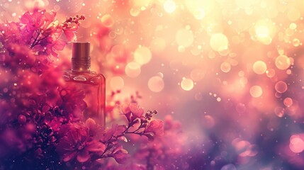 Feminine and modern perfume background with copy space, showcasing a luxurious glass bottle against an appealing and elegant setting - obrazy, fototapety, plakaty