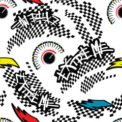 Obraz premium Abstract seamless grunge pattern with text drawing in graffiti style, squares taxi flag ornament, lighting, sign of hand, speedometer.